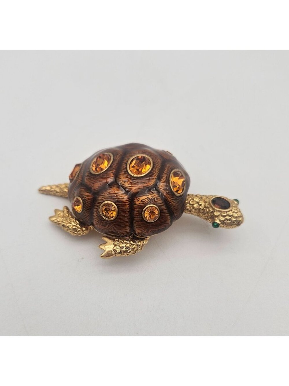 Joan Rivers Tortoise Brooch Gold Tone Enamel Rhinestones Green Eyes